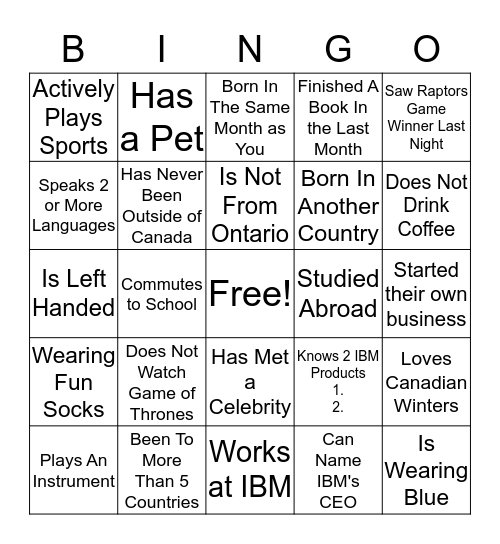 2019 Intern Bingo Card