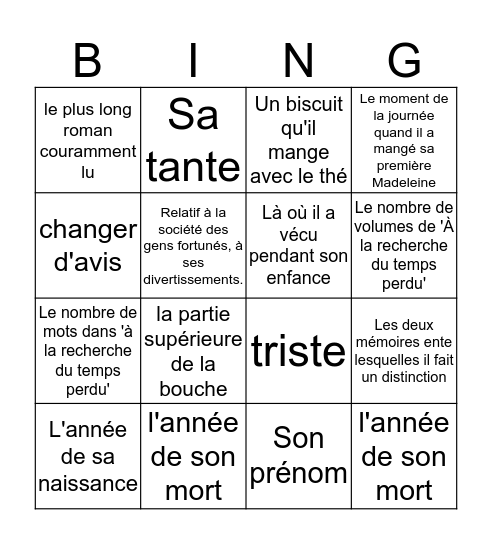 M. Proust Bingo Card