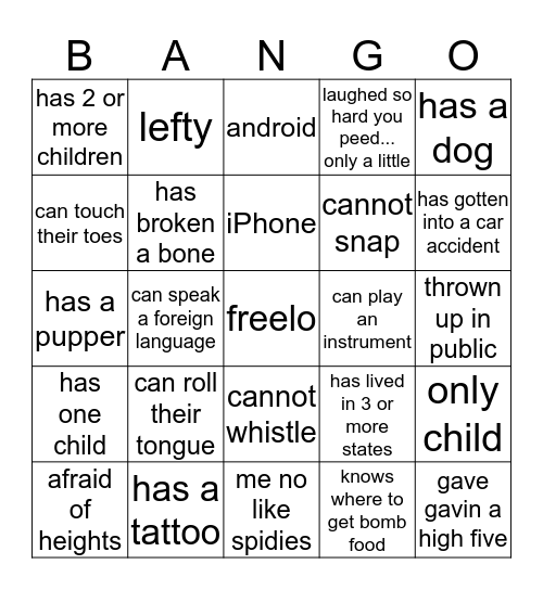 BANGO Bingo Card