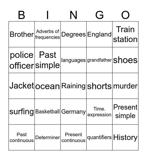 English  Bingo Card
