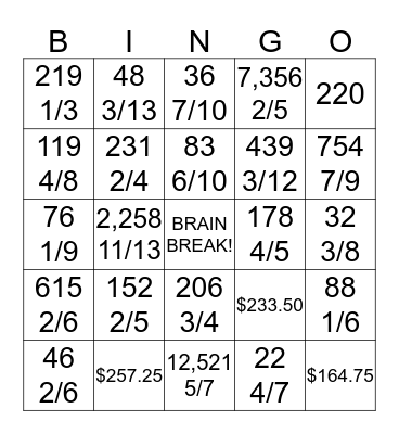 Division BINGO Remainders into Fractions Bingo Card