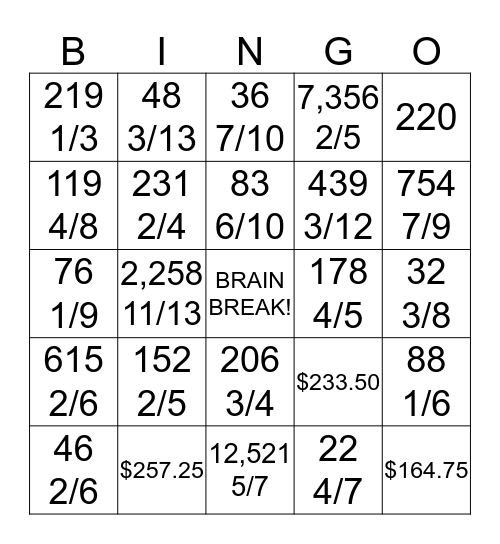 Division BINGO Remainders into Fractions Bingo Card
