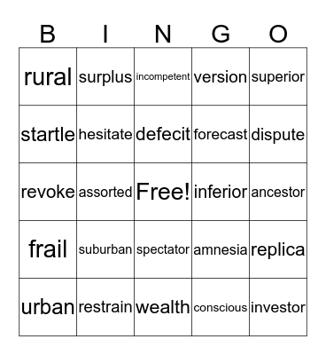 Vocabulary Bingo Card