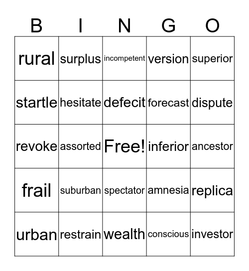 Vocabulary Bingo Card