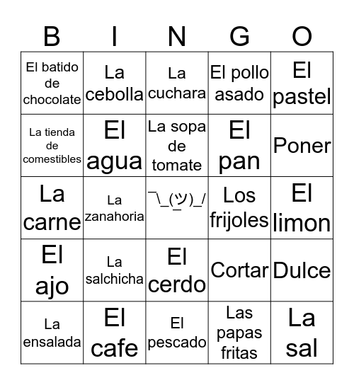 Spanish 2 - Vocabulary Unit 2 - Buen Provecho Bingo Card