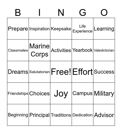 Graduation Bingo Card