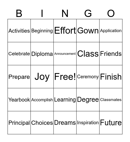 Graduation Bingo Card