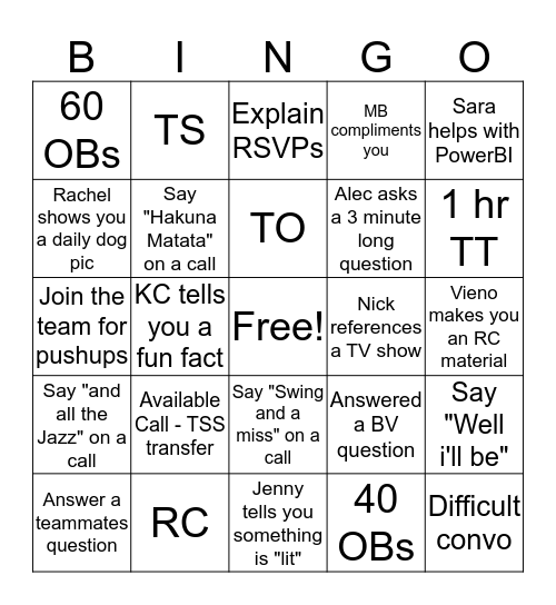 MONDAY Bingo Card