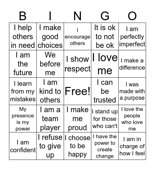 Positive Affirmations Bingo Card