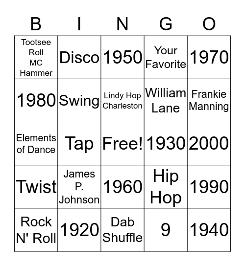 Evolution of Dance Bingo Card