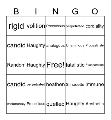 Vocabulary Bingo Card