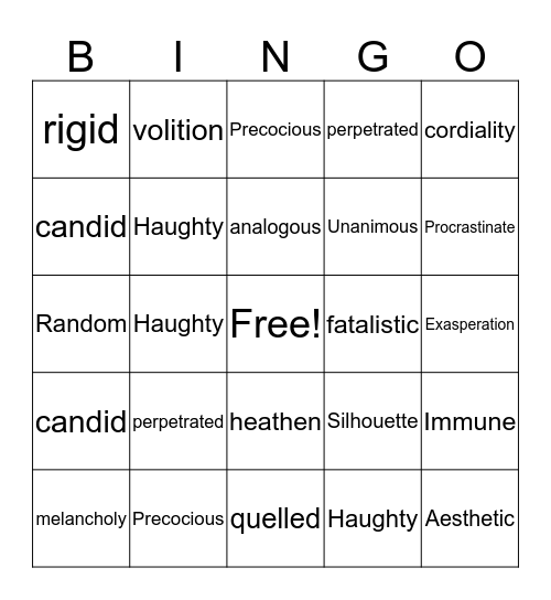 Vocabulary Bingo Card