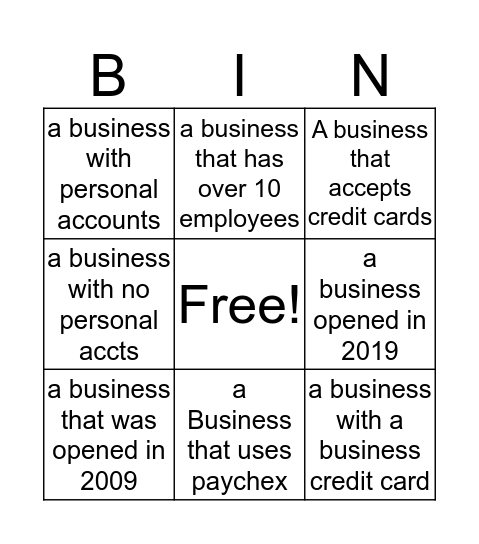 Small Business Bingo Card