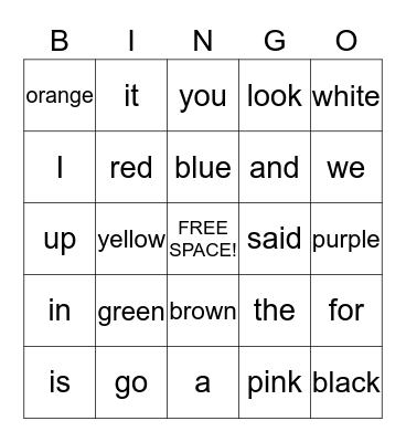 Sight Word Bingo Card
