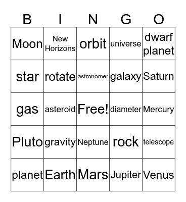 Solar System Bingo Card