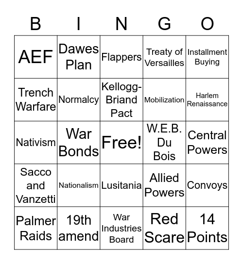 WWI and 1920s Bingo Card