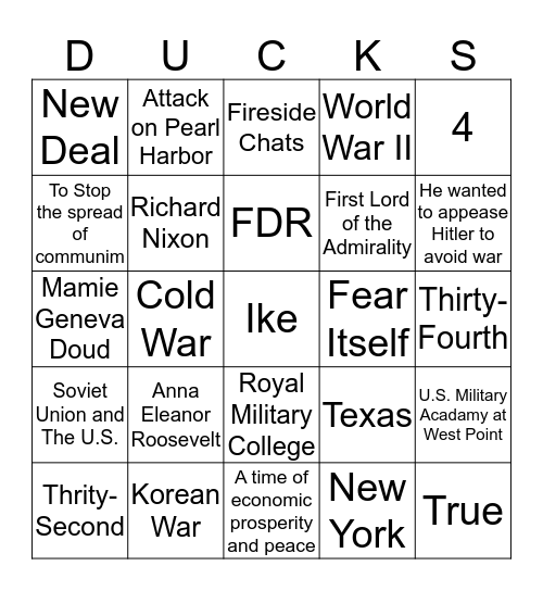 Ducksters Test 8 Bingo Card