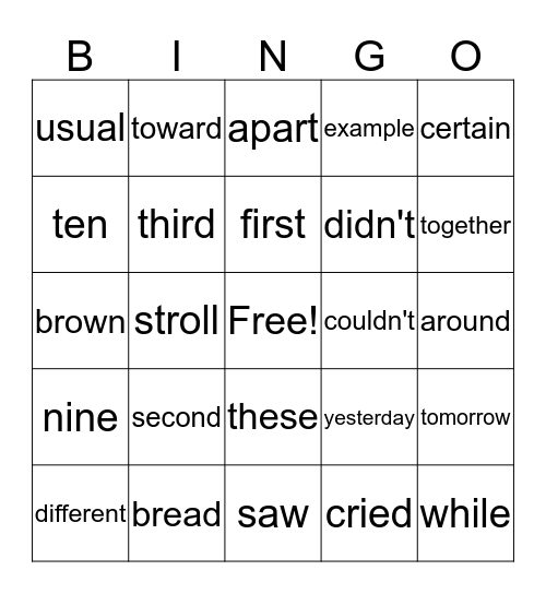 Word Work Bingo Card