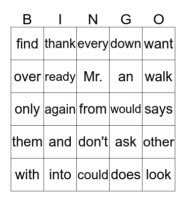 Heart Words Bingo Card