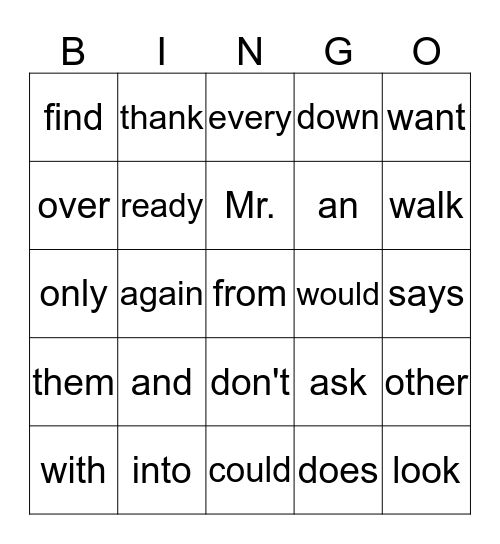 Heart Words Bingo Card