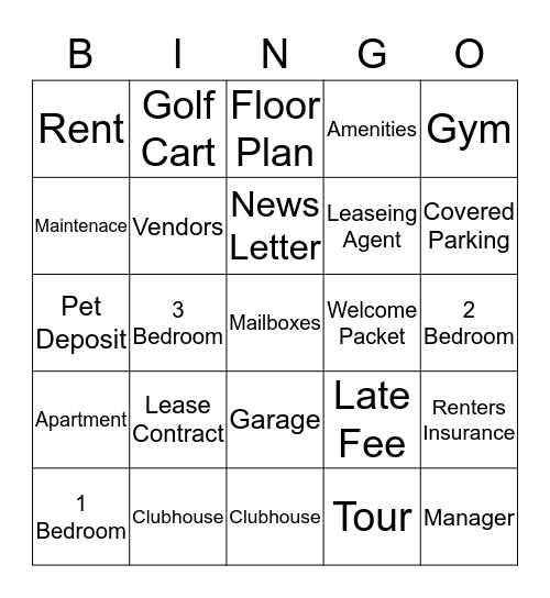 Apartment Bingo Card