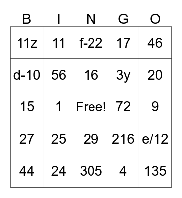 ALGEBRA BINGO Card