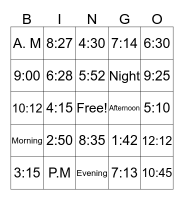 Digital Time Bingo Card