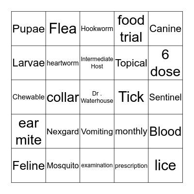 Parasite Prevention Bingo Card