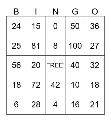 Multiplication Bingo Card