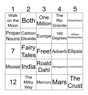 OZ Bar Trivia Bingo Card