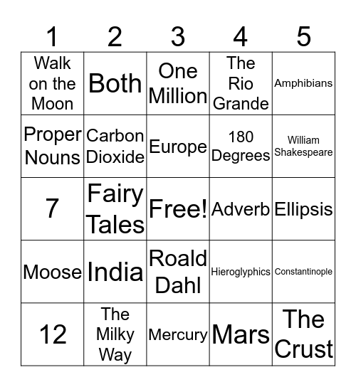 OZ Bar Trivia Bingo Card