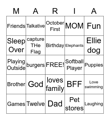 THings Maria Loves Bingo Card