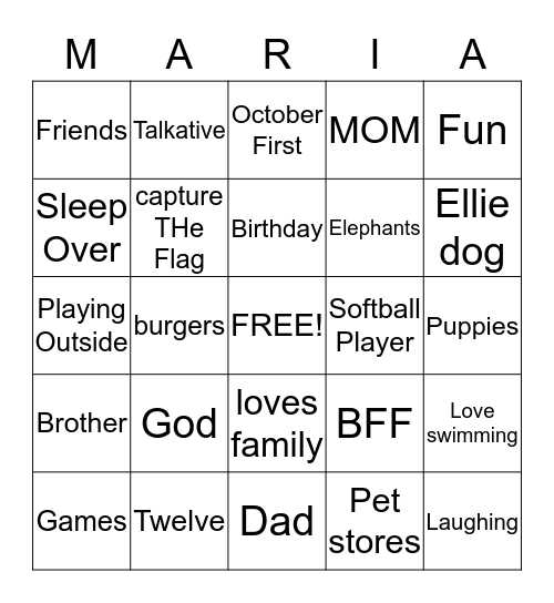 THings Maria Loves Bingo Card