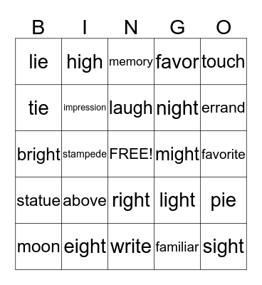 Long I (IE and IGH) KN/N and WR/R Bingo Card