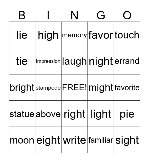 Long I (IE and IGH) KN/N and WR/R Bingo Card