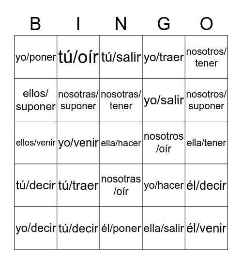 Verbos irregulares en la forma 'YO' Bingo Card
