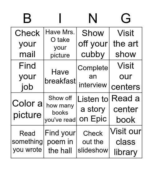 Grandparents' Day Classroom Bingo Card