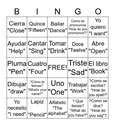 Spanish bingo Card
