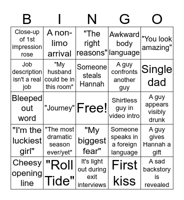 The Bachelorette Night 1 Bingo Card