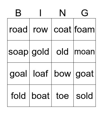 Long o Bingo Card