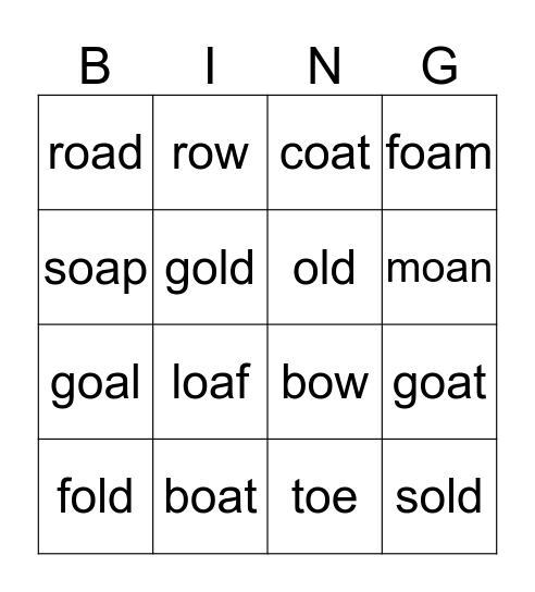 Long o Bingo Card