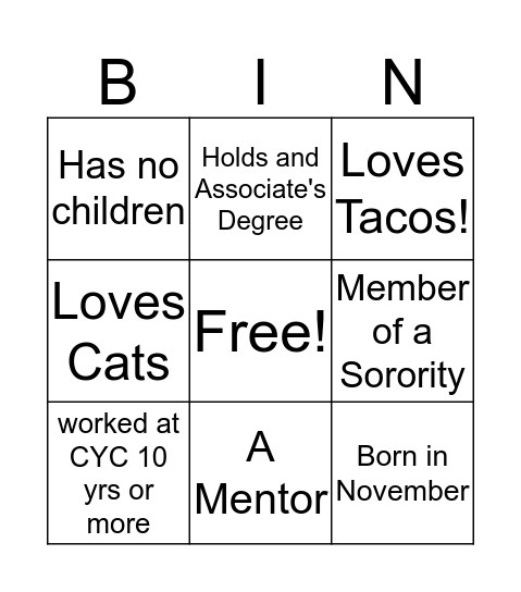 Who's in our CYC House? Bingo Card