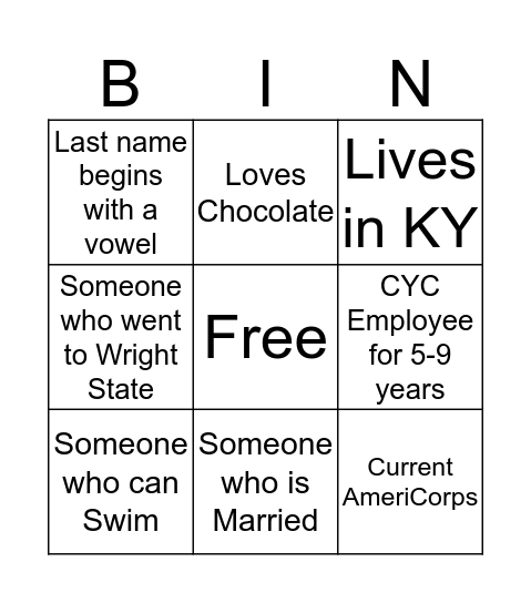 Who's in our CYC House? Bingo Card