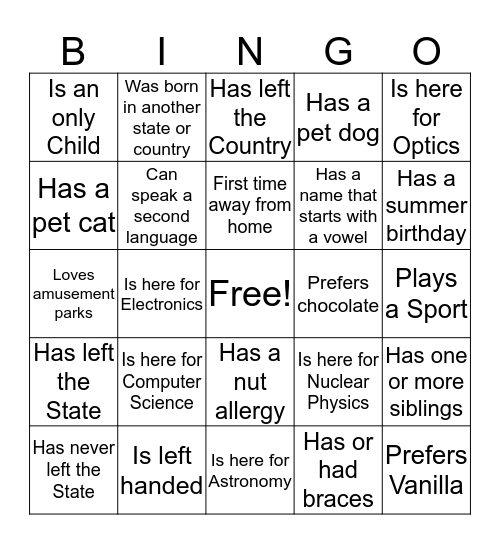Physics Camp Bingo Card