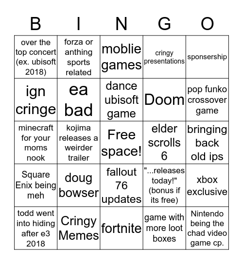 e3 2019 bingo card Bingo Card