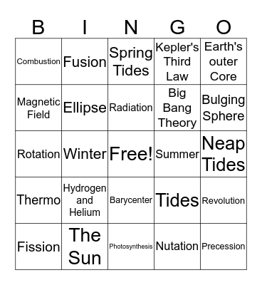 Astronomy and The Sun Bingo Card