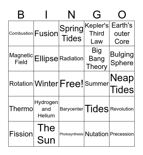 Astronomy and The Sun Bingo Card