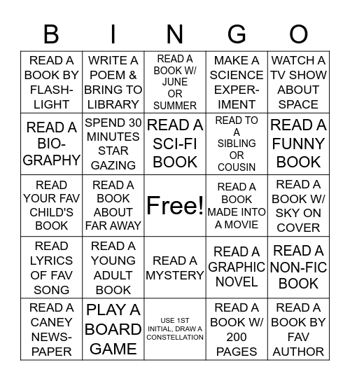 TEEN SUMMER  READING BINGO Card