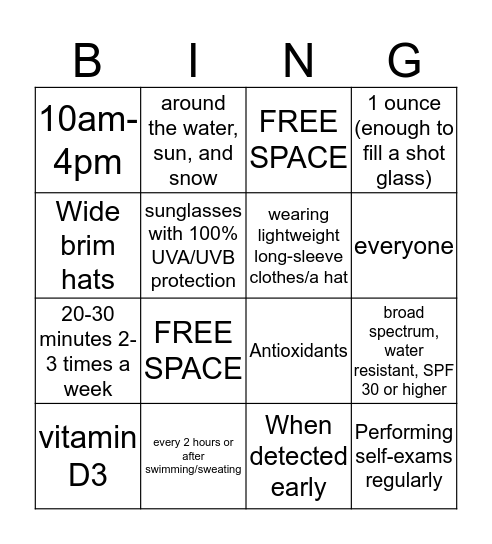 Sun Care Bingo Card
