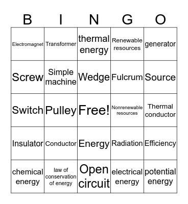 Energy Vocabulary Bingo Card